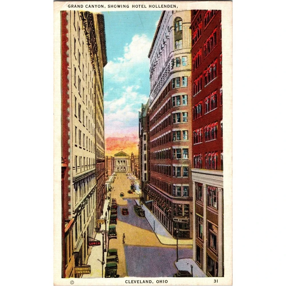 Vintage Cleveland Ohio Street Scene‎ Linen Postcard Hotel Hollenden 1939